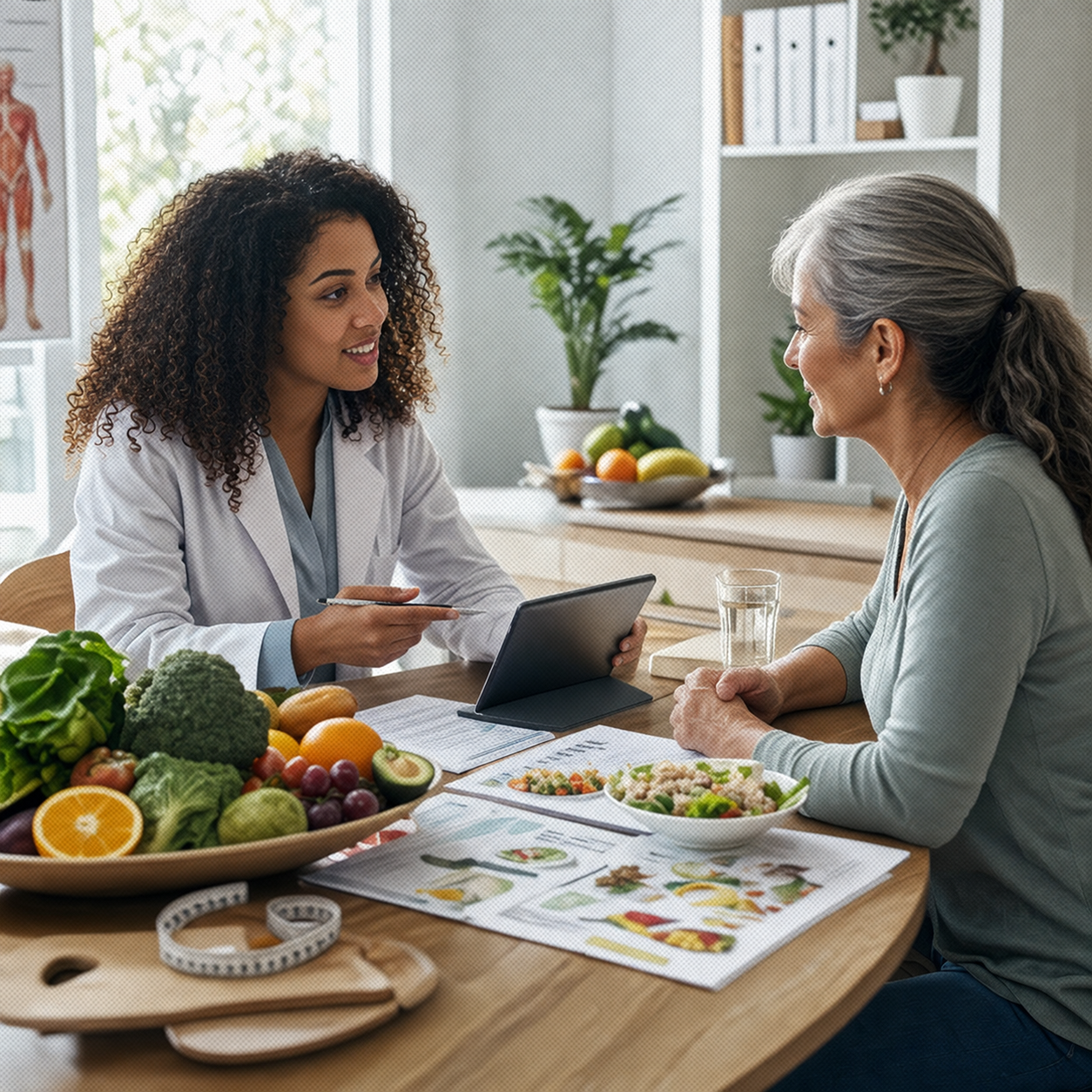 Nutritionist helping a patient in Formlyy editorial halftone style